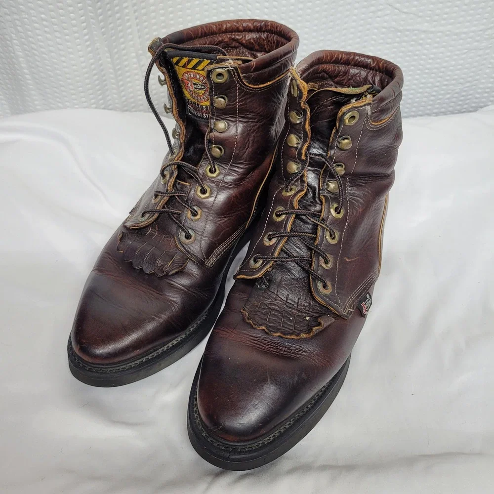 Justin Mens Brown Leather Lace Up Kiltie Work Boots Made in USA 767 9 D